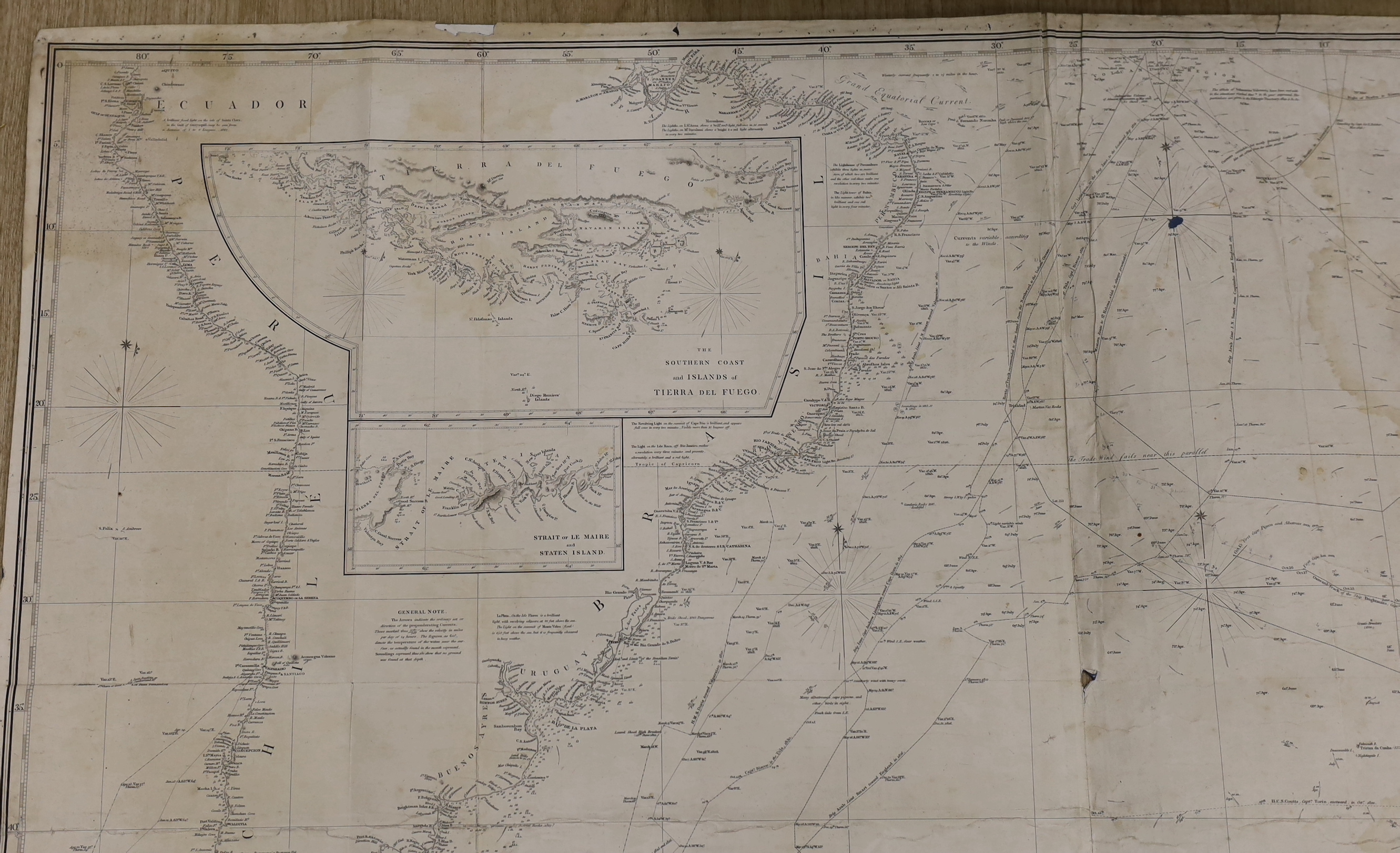 A reduced chart of the Ethiopic or Southern Atlantic Ocean constructed and drawn by Isaac Purdy, British Navy, unframed map, published by R H Laurie, London, 8th June 1840, 125 x 95cm